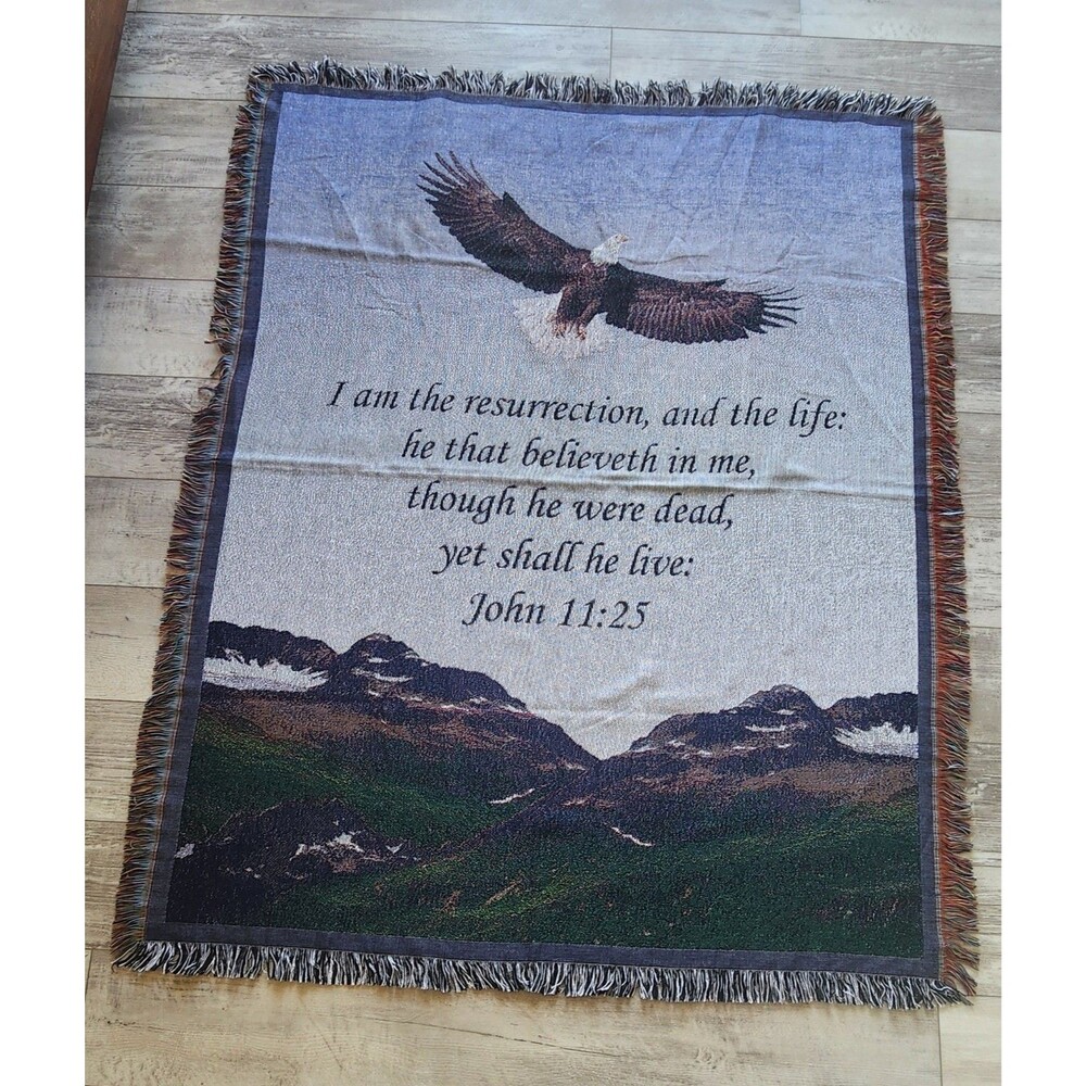 Eagle Woven Tapestry Blanket Throw USA 57"×45” Religious Christian John 11:25